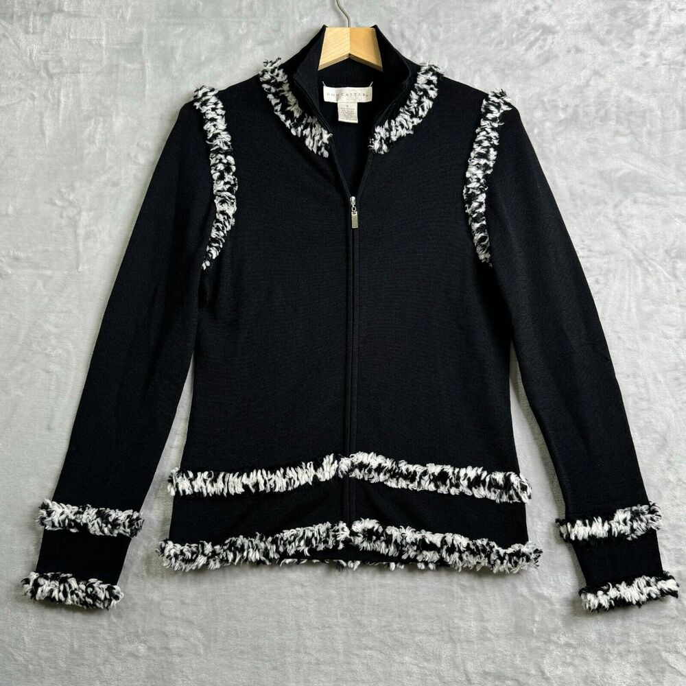 Doncaster Sweater Jacket Womens Small Black White Knit Full Zip Stretch Classic
